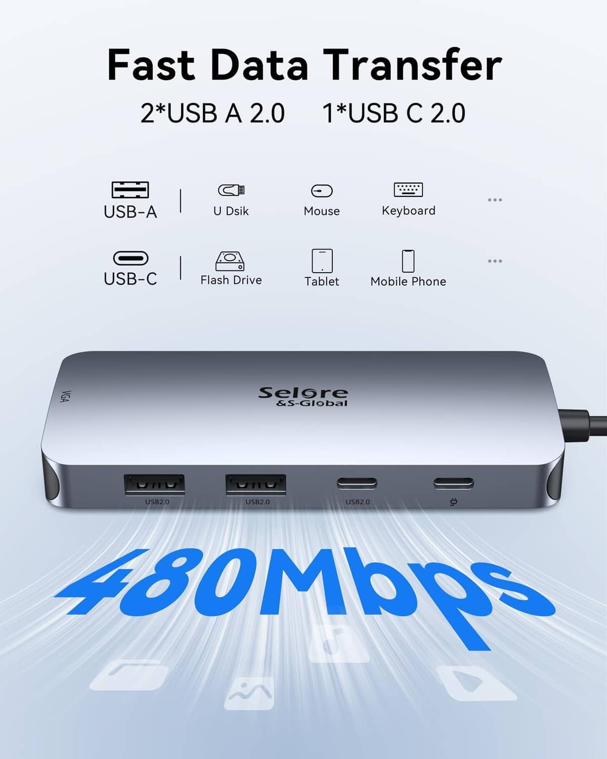Light gray USB-C docking station with fast data transfer ports USB-A and USB-C