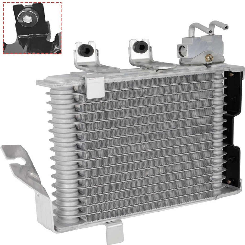 Automatic transmission oil cooler with metal fins and side connectors, silver-gray