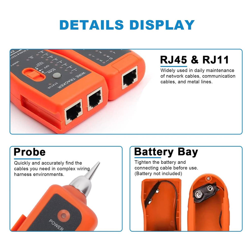 Orange cable tester showing RJ45 and RJ11 sockets and battery bay area