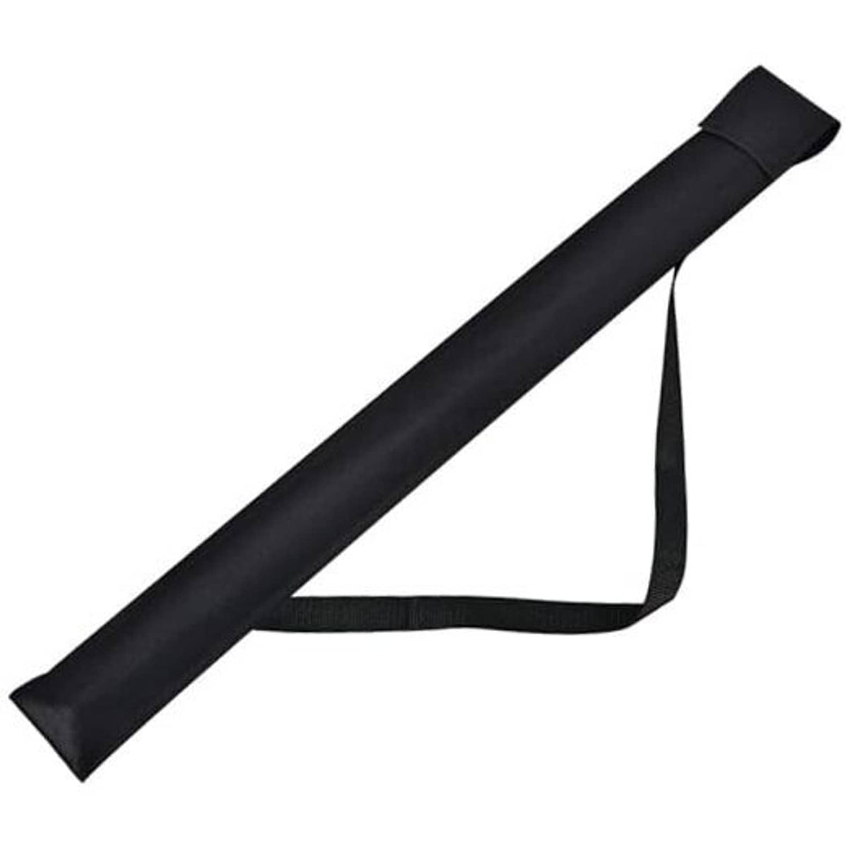 Black cue stick carrying bag tube with top flap opening and shoulder strap