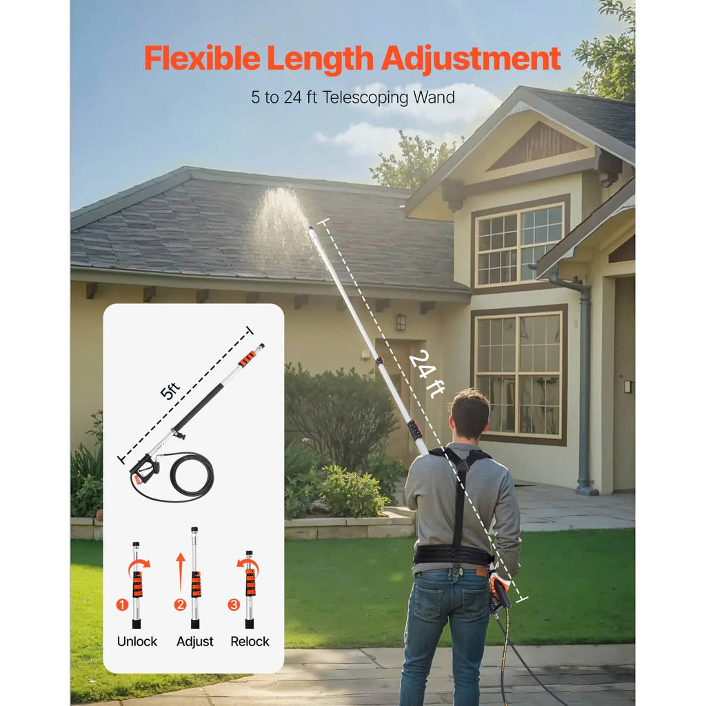 Telescoping pressure washer wand showing adjustable extension length up to 24 ft