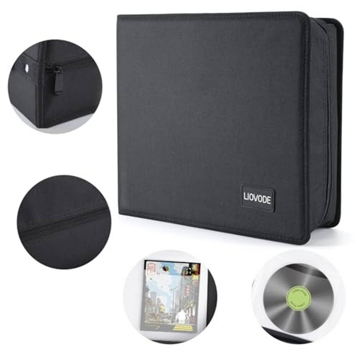 Black DVD storage case with LIOVODE logo; close-up of inner disc pockets