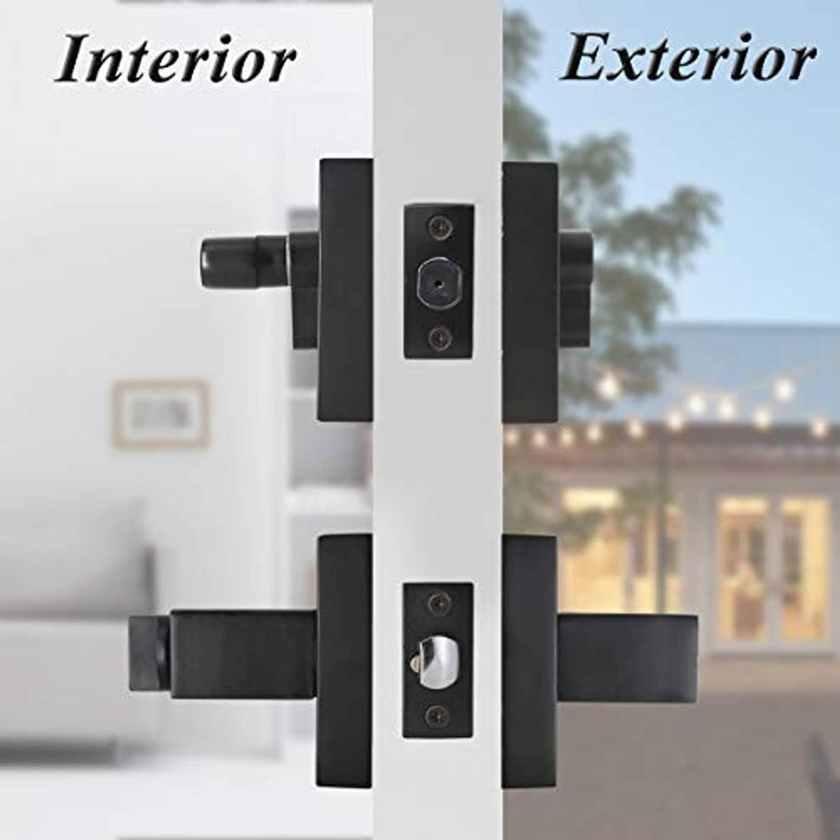 Black square lever and deadbolt hardware shown on both sides of a door.