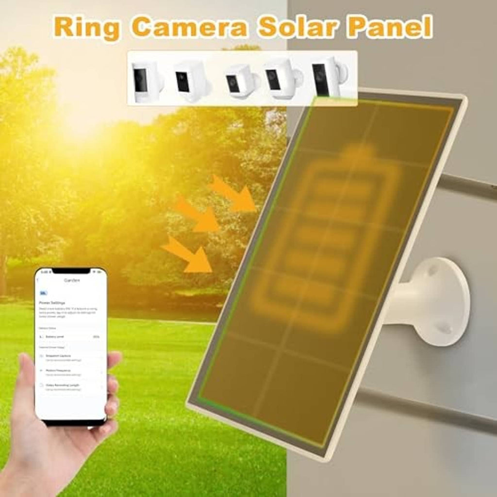 Solar panel charger kit: dark panel and white wall mount for outdoor camera use