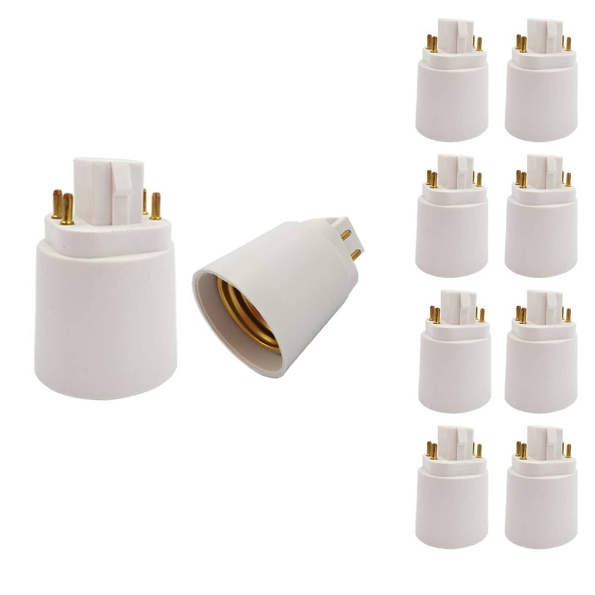 Set of white 4-pin GX24Q to E26/E27 bulb socket adapters with gold contacts