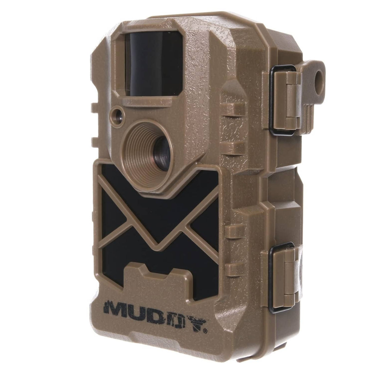 Side view of camouflaged trail camera with cable ports and mounting clips.