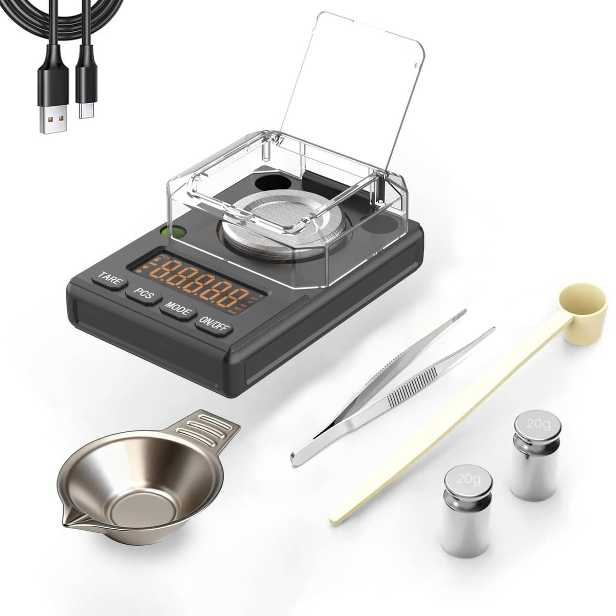 Black milligram powder scale with clear weighing lid and round stainless platform