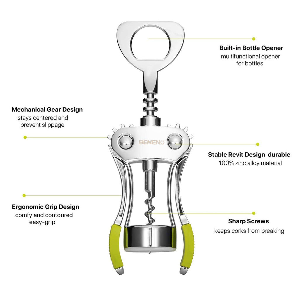 Beneno wing corkscrew wine opener with green side grips, chrome mechanical design