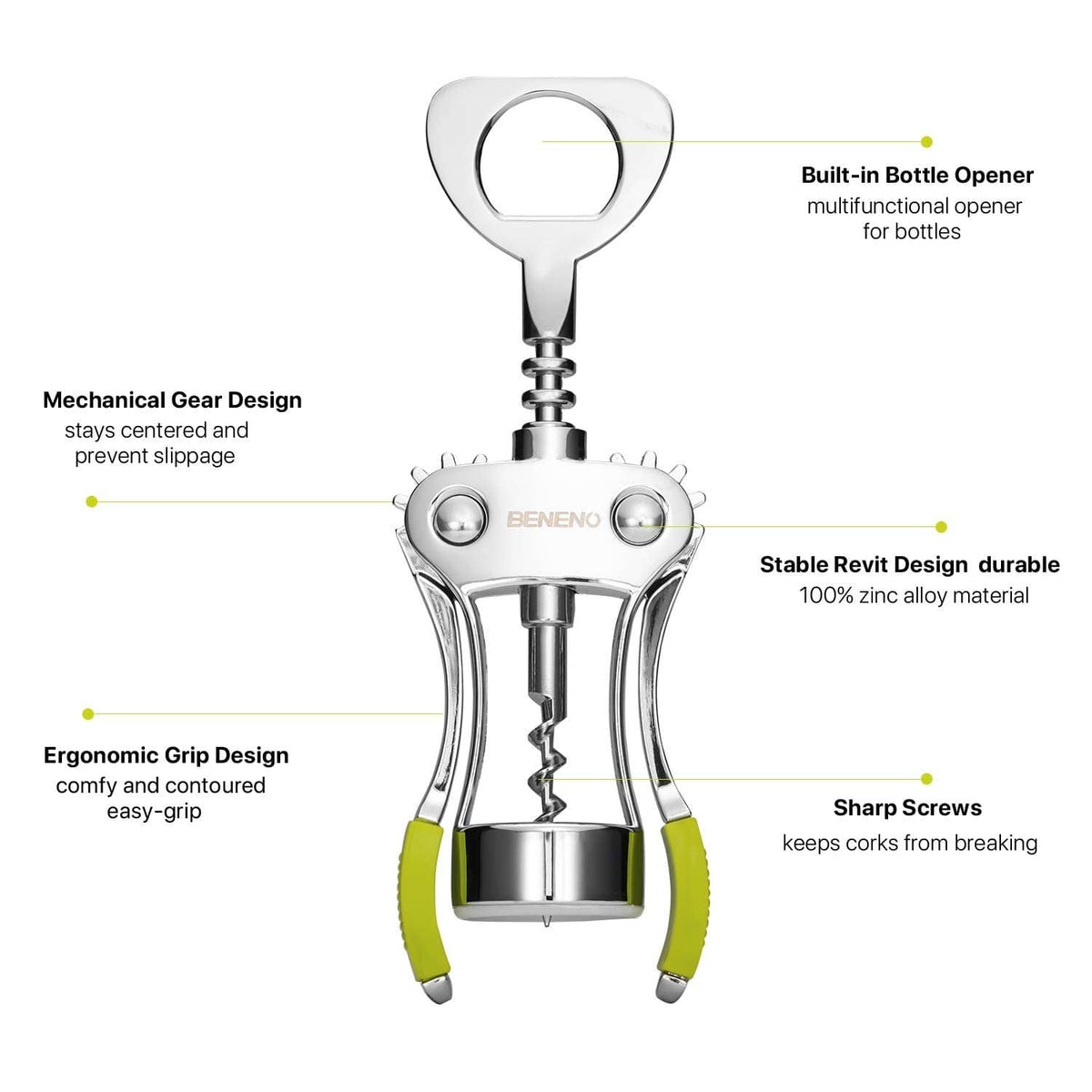 Beneno wing corkscrew wine opener with green side grips, chrome mechanical design