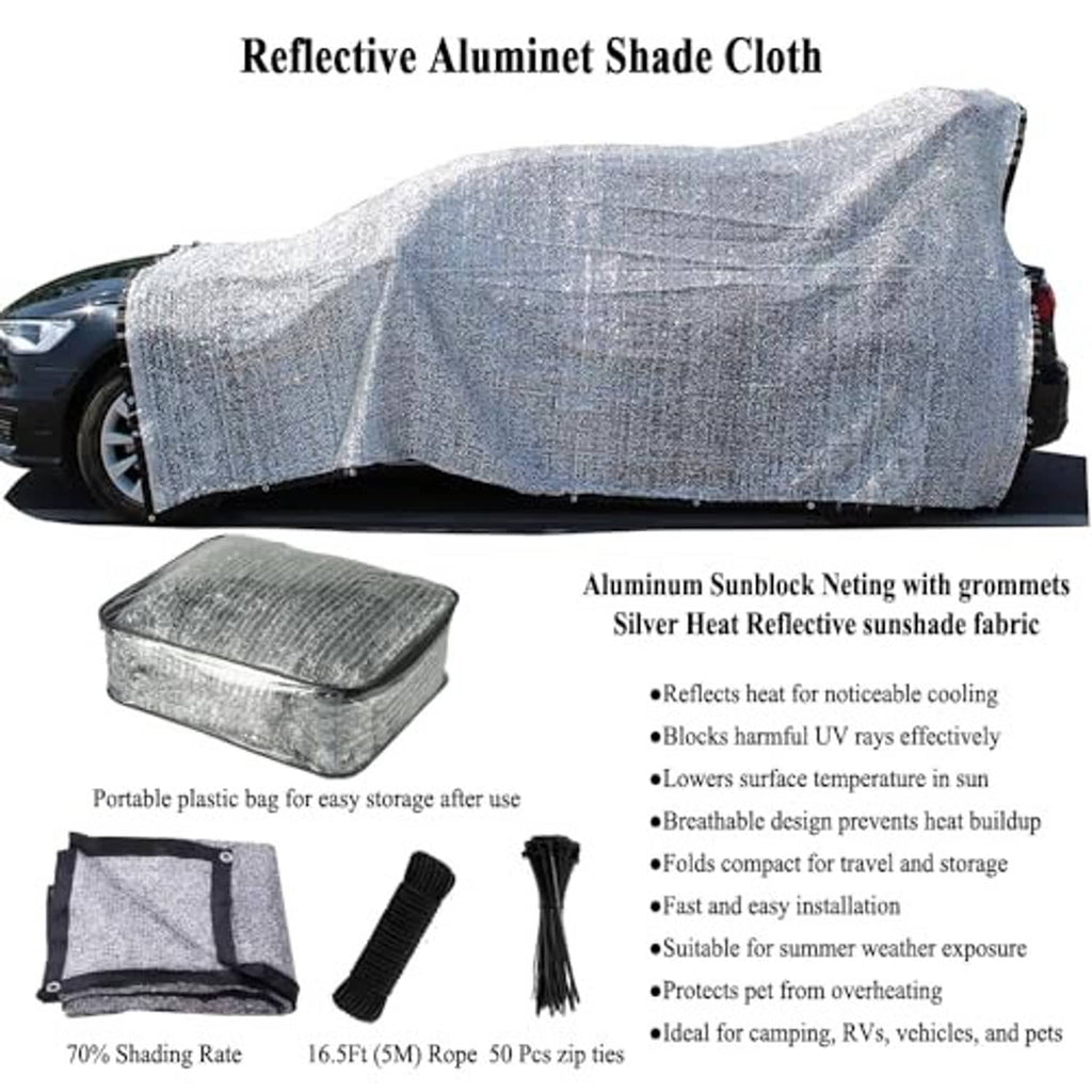 Reflective aluminet shade cloth with grommeted edge and included storage accessories