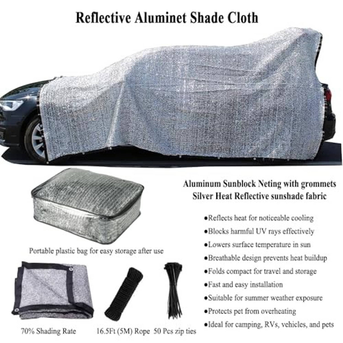 Reflective aluminet shade cloth with grommeted edge and included storage accessories