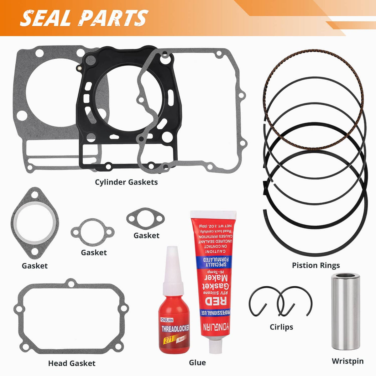 Seal parts kit with cylinder gaskets, piston rings, circlips, and adhesive glue