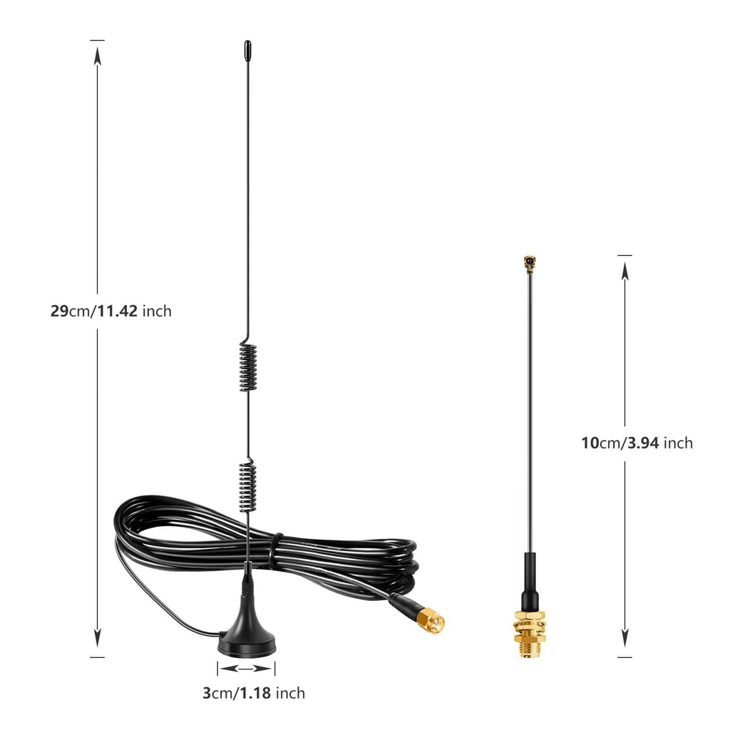 Long-range antenna kit with black cable, magnetic base, gold SMA connector and whip