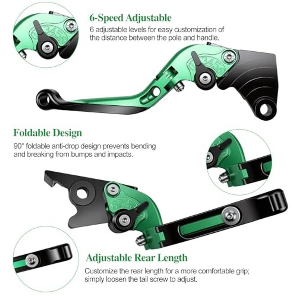 Green CNC motorcycle brake and clutch levers with foldable design and black tips