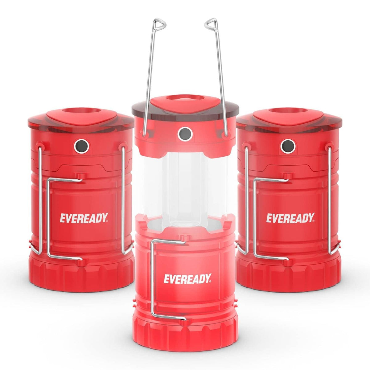 Three red LED camping lanterns with fold-out metal handles and clear lower panels.