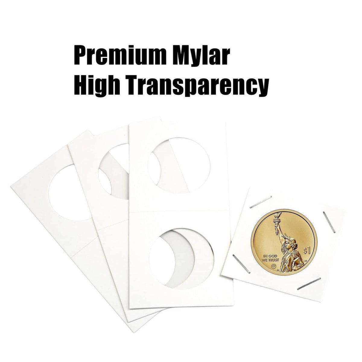 Multiple white mylar 2x2 coin flip sheets with circular cutouts and a dime