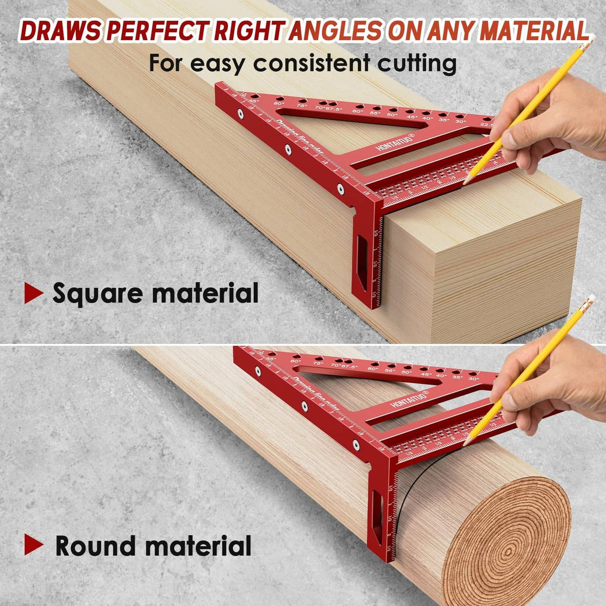 Red right-angle marking tool for square and round materials with guide frame