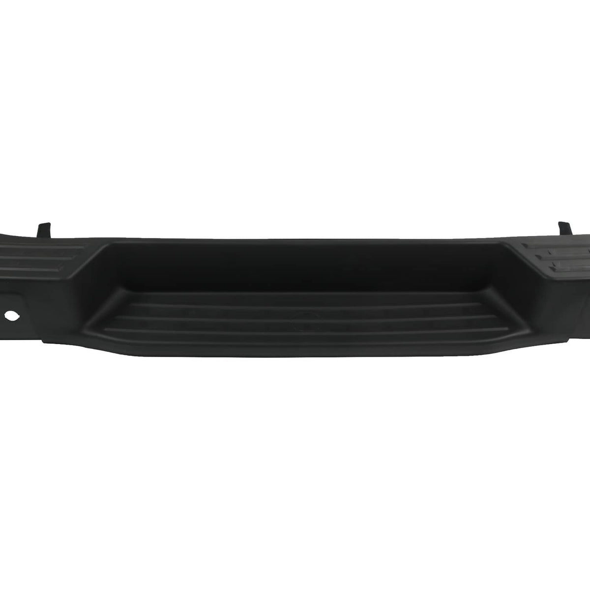 Underside view of black rear step bumper cover with textured step surface