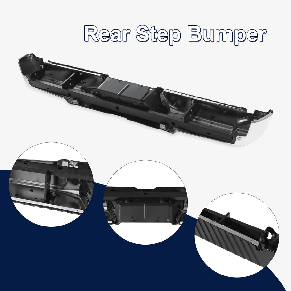 Rear step bumper underside view with black metal mounting brackets and textured step bars