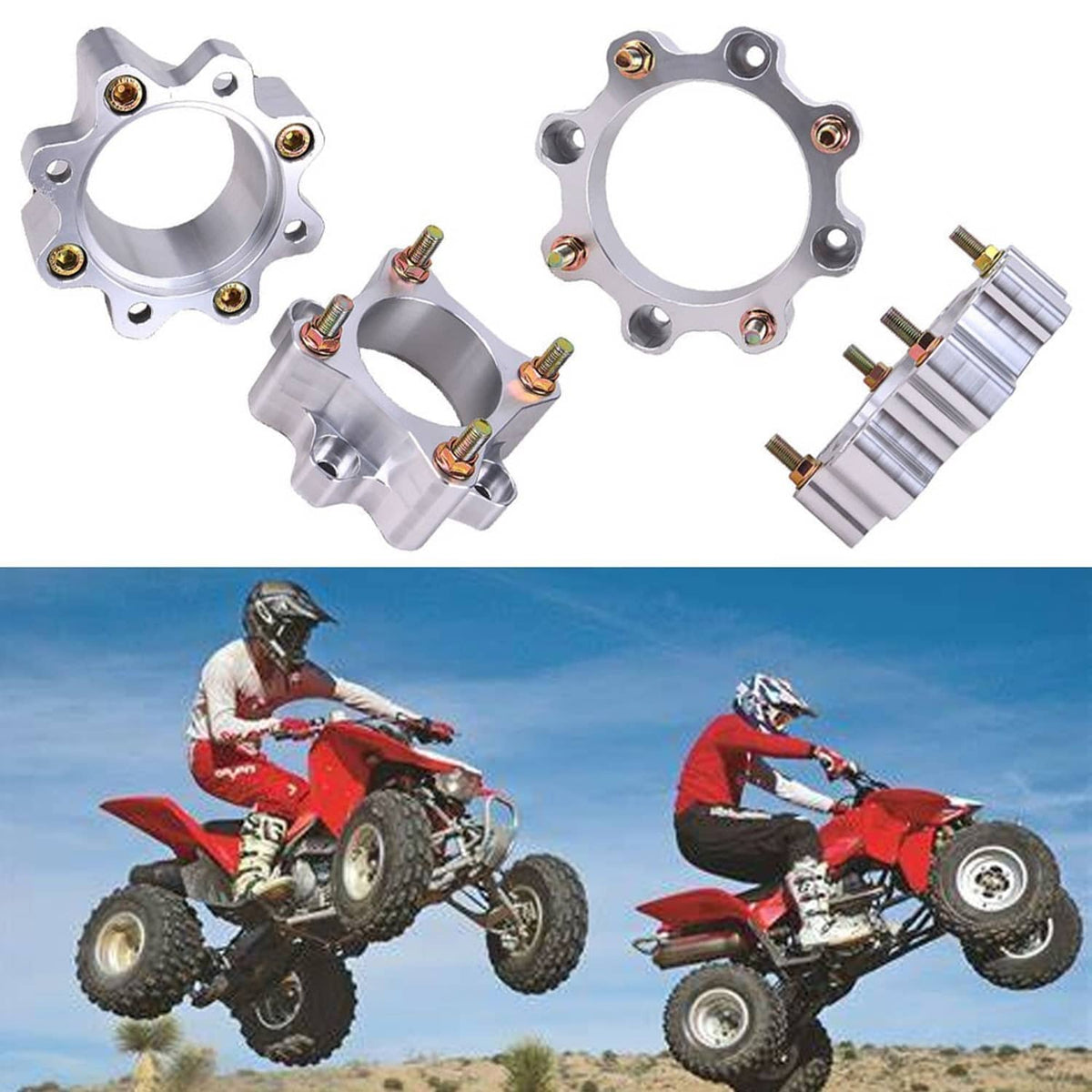 Wheel spacer set, silver circular rings with gold bolts and spacer pieces