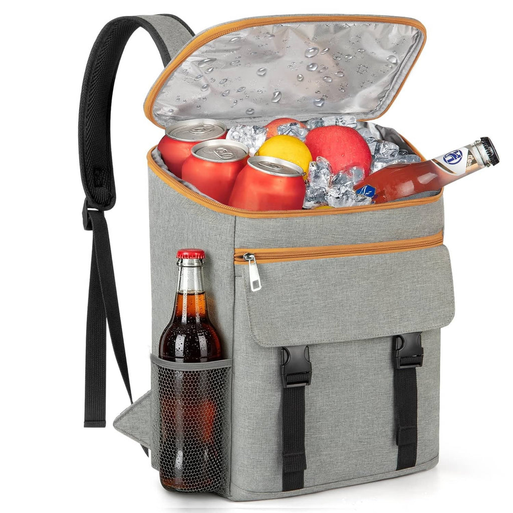 Grey insulated cooler backpack, open top with orange trim and bottle mesh side pocket