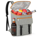 Grey insulated cooler backpack, open top with orange trim and bottle mesh side pocket