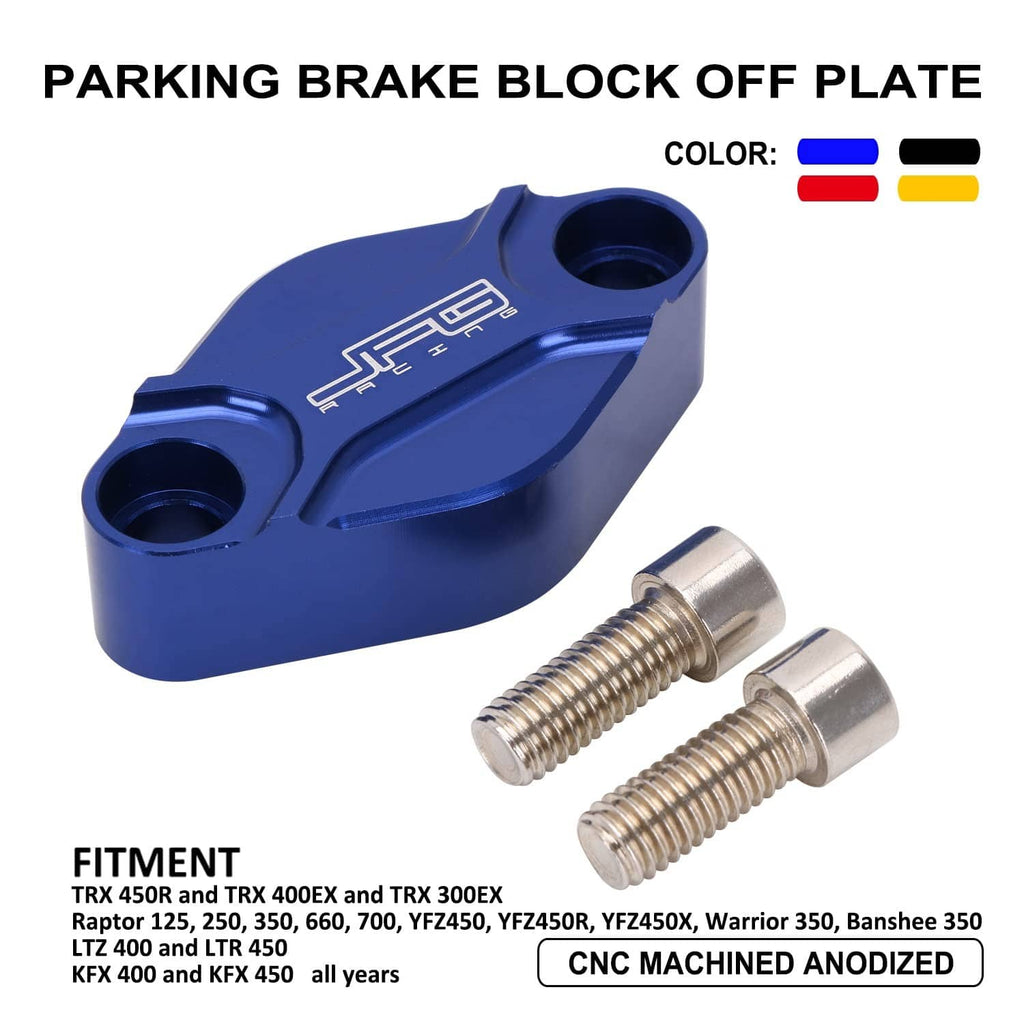 Blue parking brake block-off plate with two threaded bolts for installation