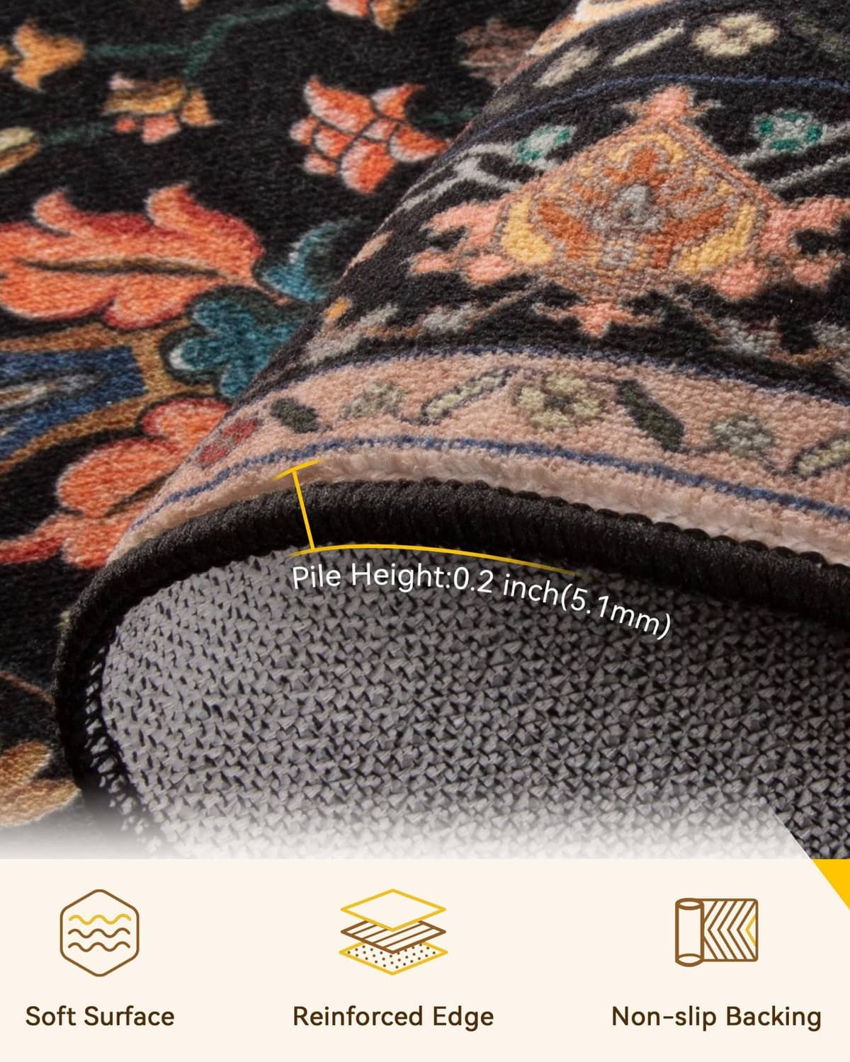Close-up of black rug with multicolor floral motif and textured low-pile edge