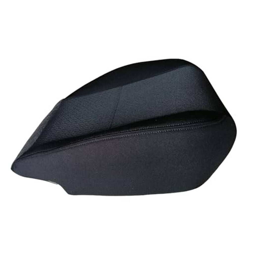 Black cloth seat cover with smooth top section and stitched edge along the front.