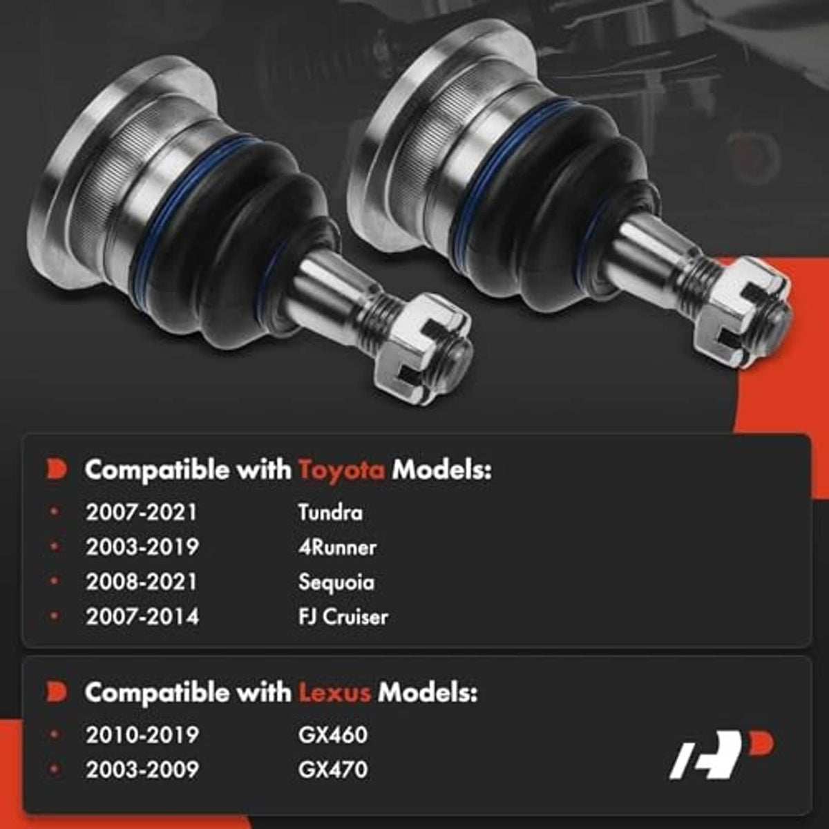 Pair of front upper ball joints with blue ring dust boots and threaded studs