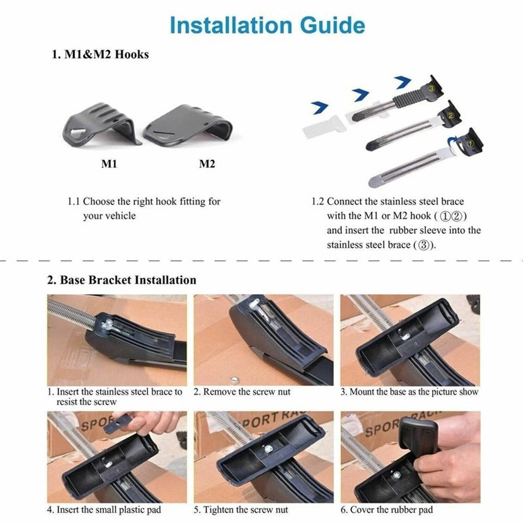 Roof rack base brackets and hook pieces for crossbar installation
