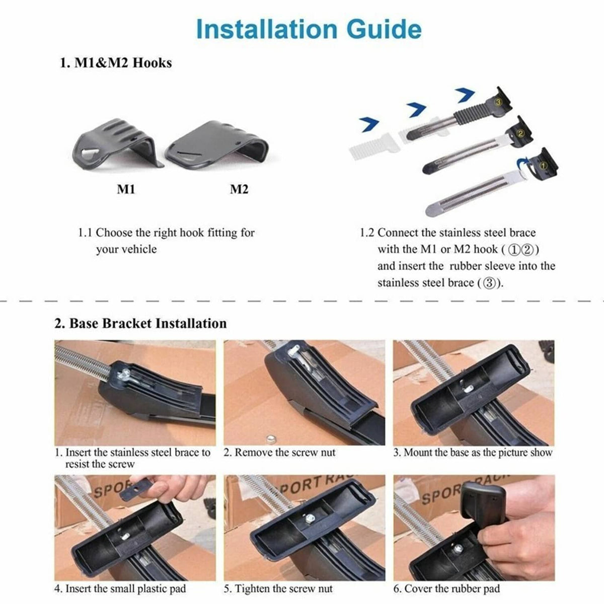 Roof rack base brackets and hook pieces for crossbar installation