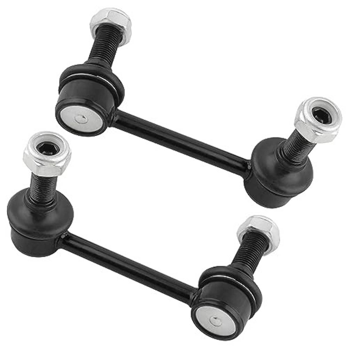 Two-piece sway bar end link with black rubber ball joints, metal studs, and hex caps