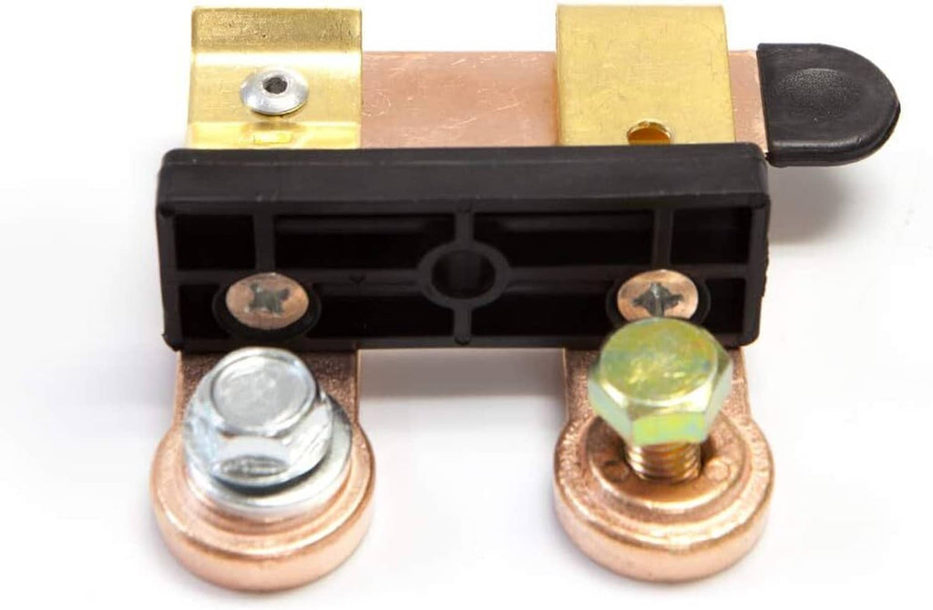 Car battery disconnect switch with copper lugs and black plastic insulator