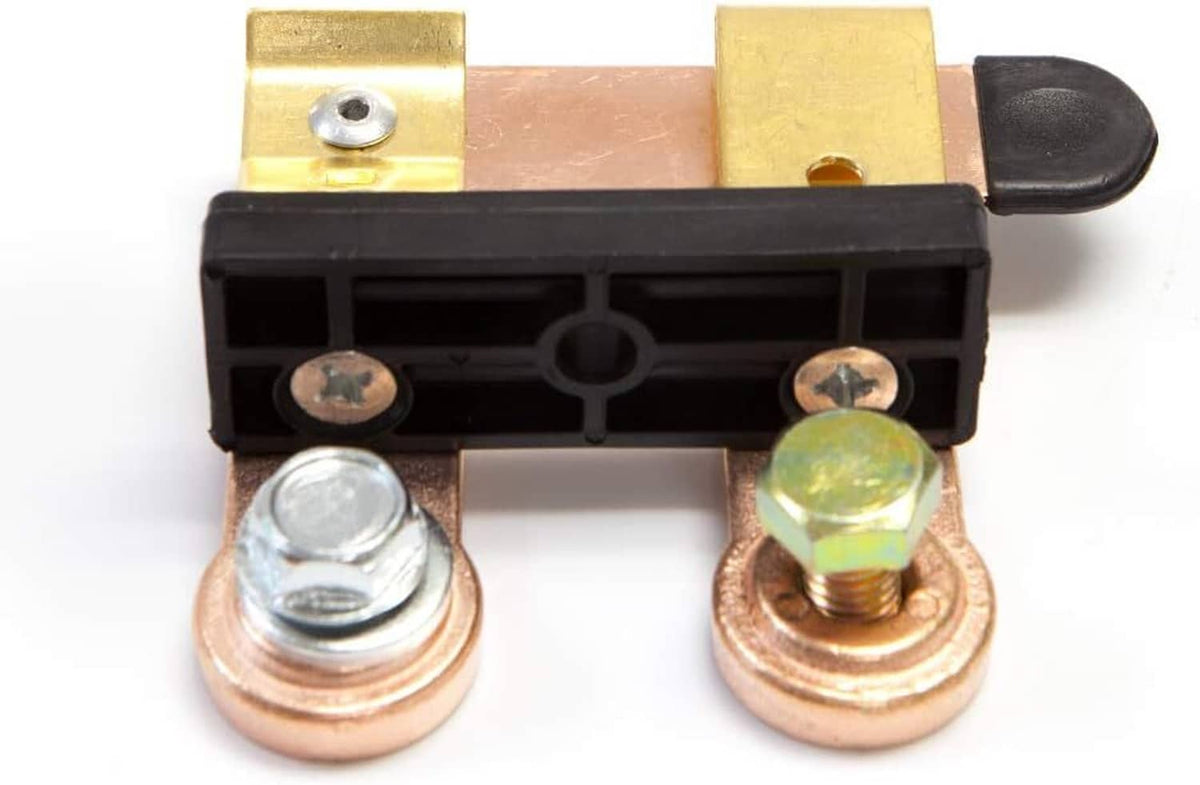 Car battery disconnect switch with copper lugs and black plastic insulator