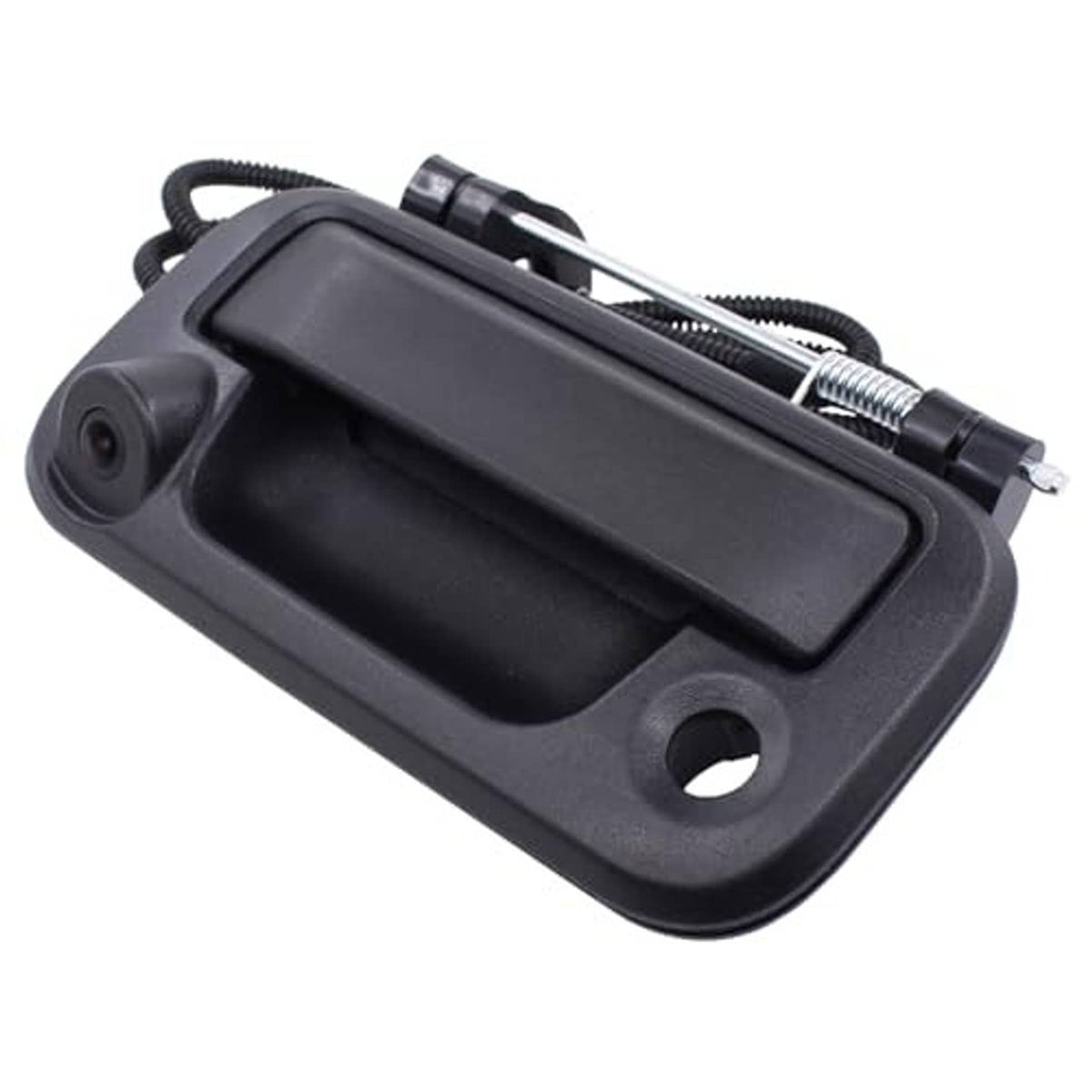 Black rear view backup camera handle with integrated lens and side mounting tabs