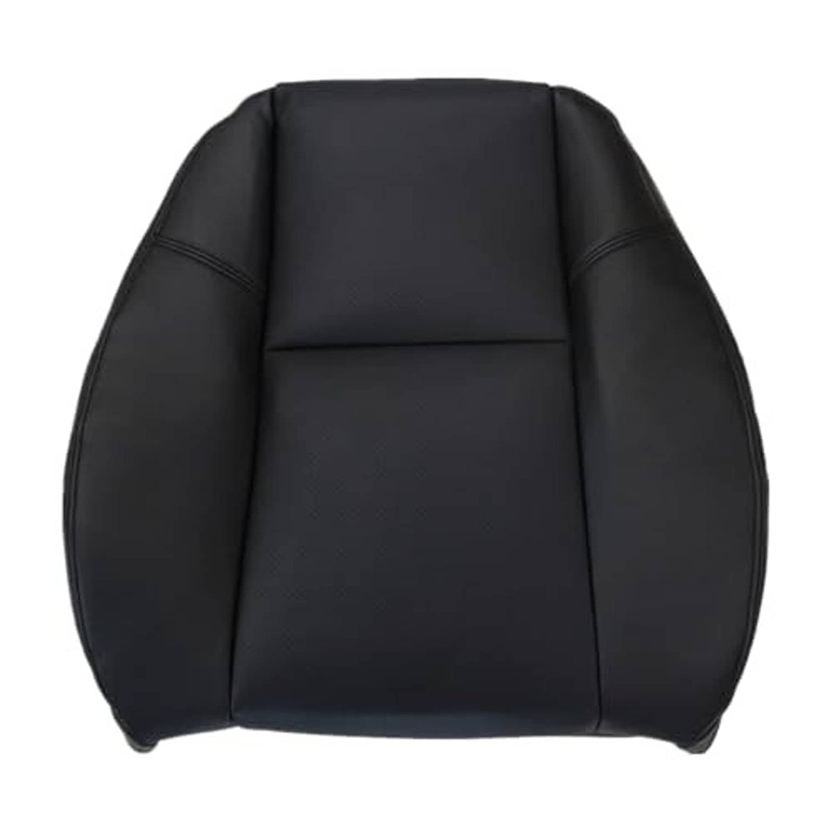 Black leather-look front seat back cover with curved side bolsters and center seam