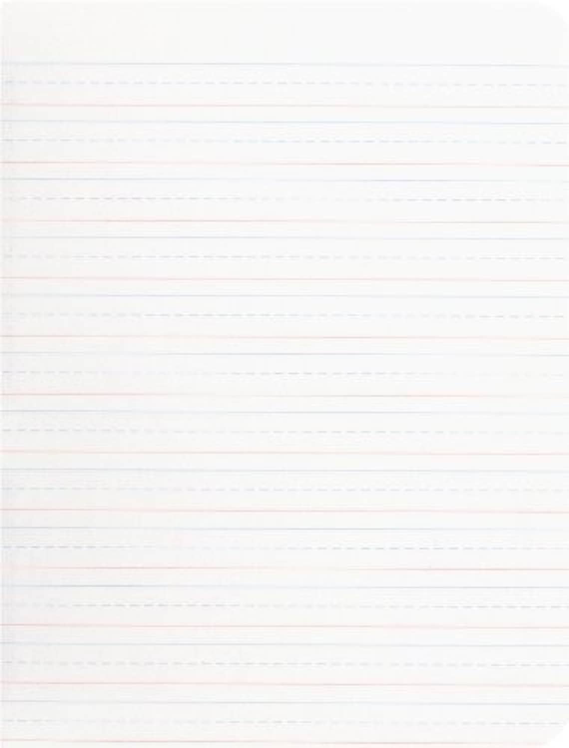 Close-up of primary composition notebook paper with evenly spaced red and blue lines