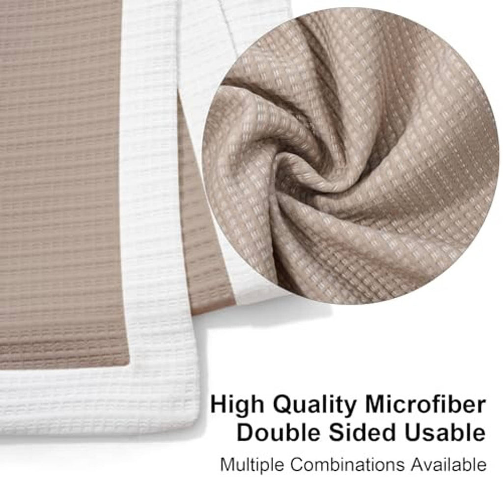 Soft microfiber blanket fabric, khaki and white double-sided waffle texture.