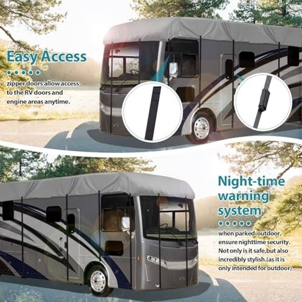 RV roof cover on motorhome with zippered access sections on gray fabric