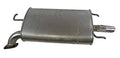 Direct-fit exhaust muffler, dark steel canister with mounting hanger tabs and outlet pipe