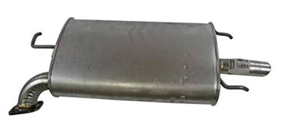 Direct-fit exhaust muffler, dark steel canister with mounting hanger tabs and outlet pipe