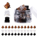 Mini claw hair clips set in clear container: brown, white, and black