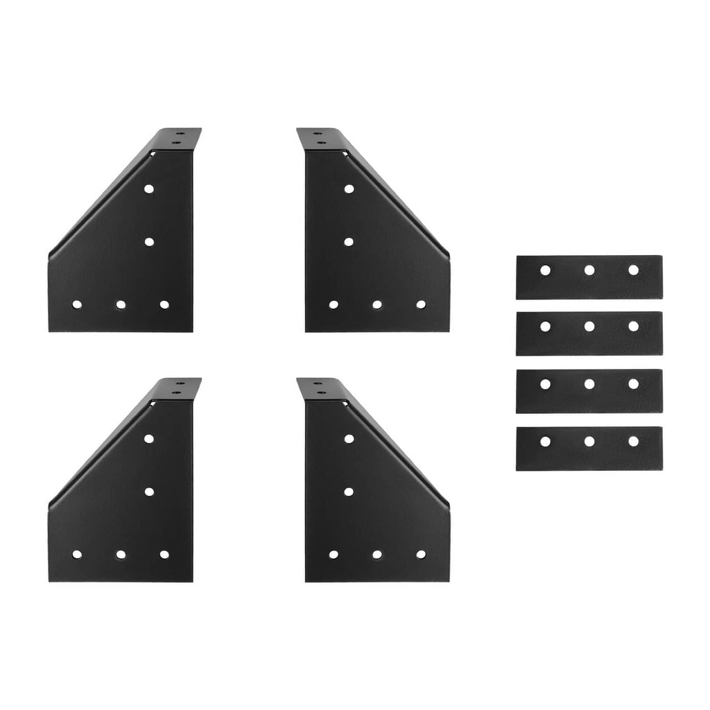 Roof rack side-mount brackets and mounting plates, black metal with drilled holes