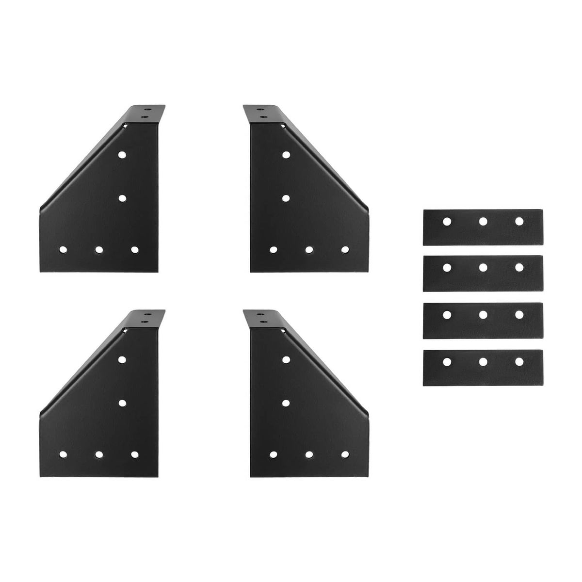 Roof rack side-mount brackets and mounting plates, black metal with drilled holes