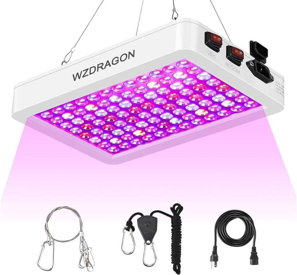 Hanging full-spectrum LED grow light panel with cord and spring mounting clips