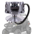 Clutch assembly with black toothed belt and silver metal housing.
