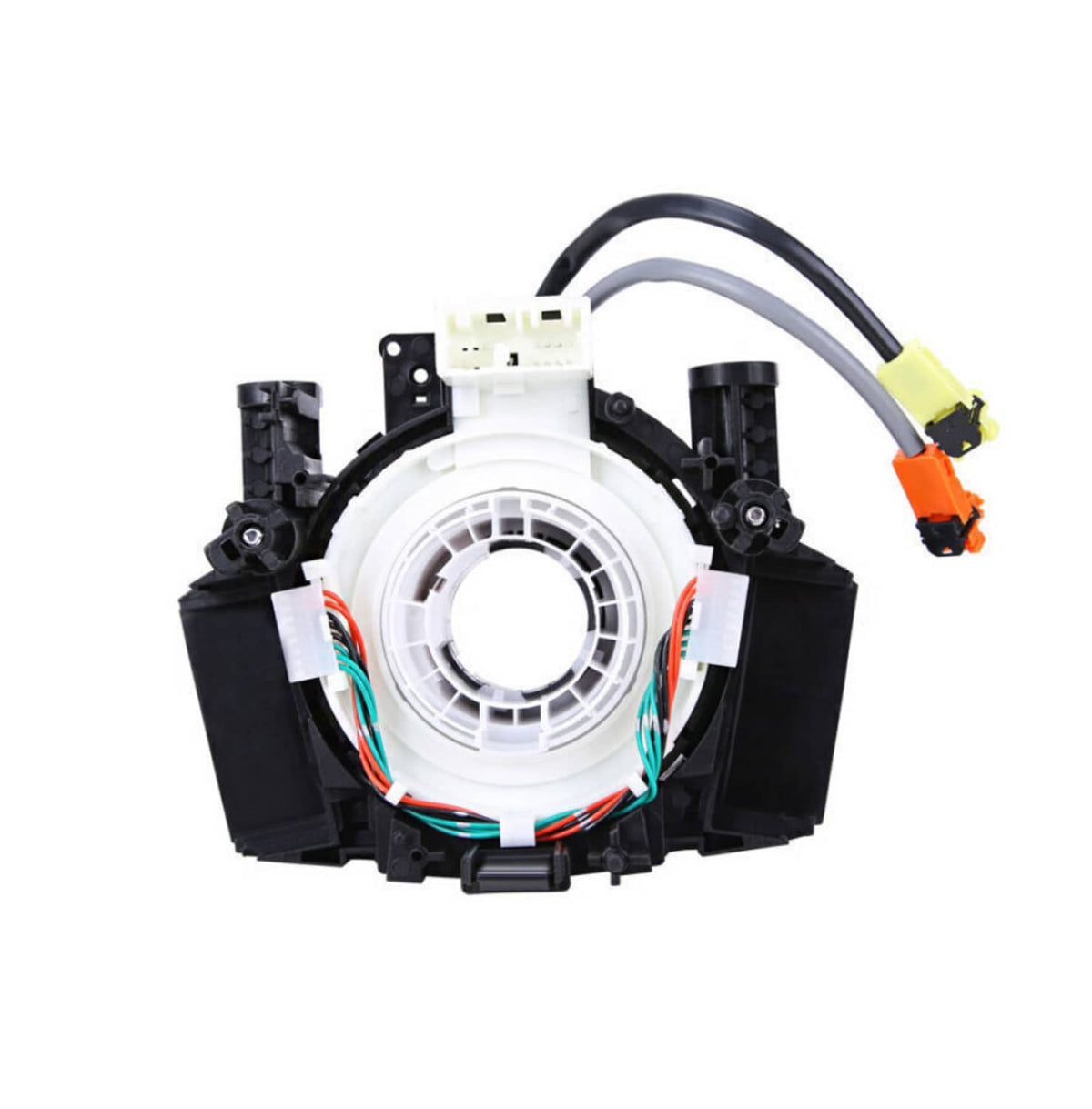 Clock spring spiral cable assembly with white coil and black housing, wire leads with colored plugs