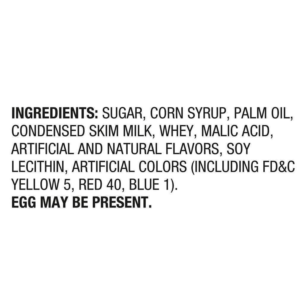 Ingredients list text: sugar, corn syrup, palm oil, whey, malic acid