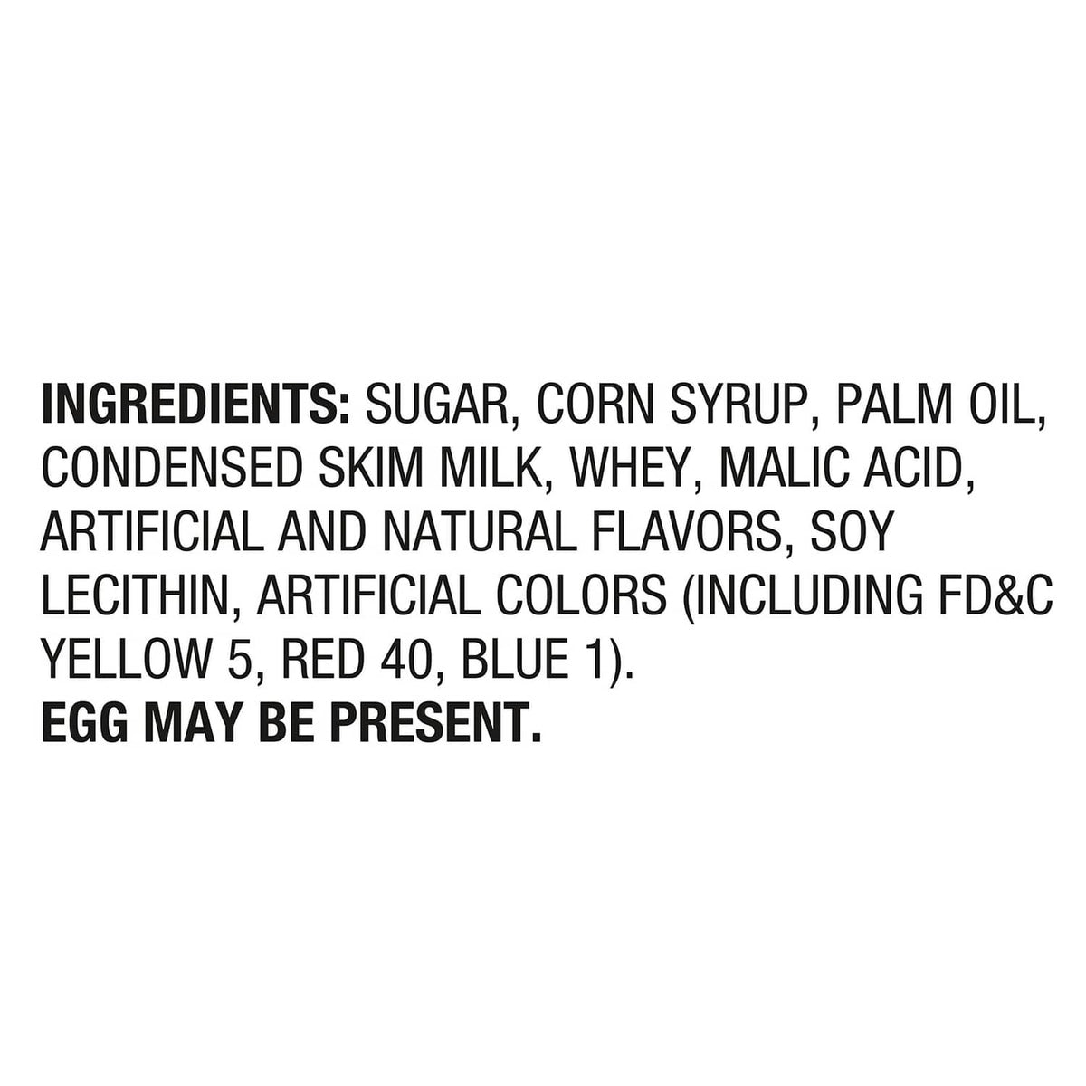 Ingredients list text: sugar, corn syrup, palm oil, whey, malic acid